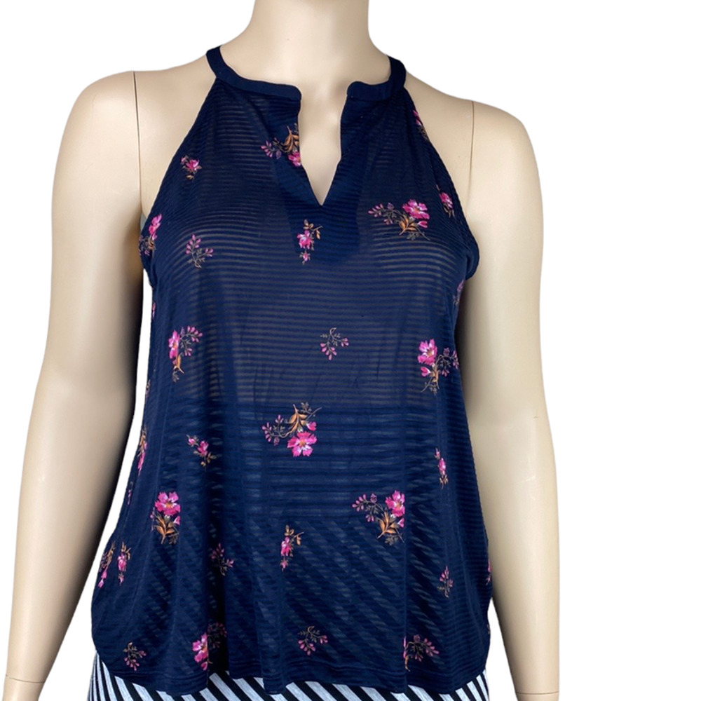 New Lucky Brand Women Blue Floral Sheer Split Neck Sleeveless Tank Top Blouse XL